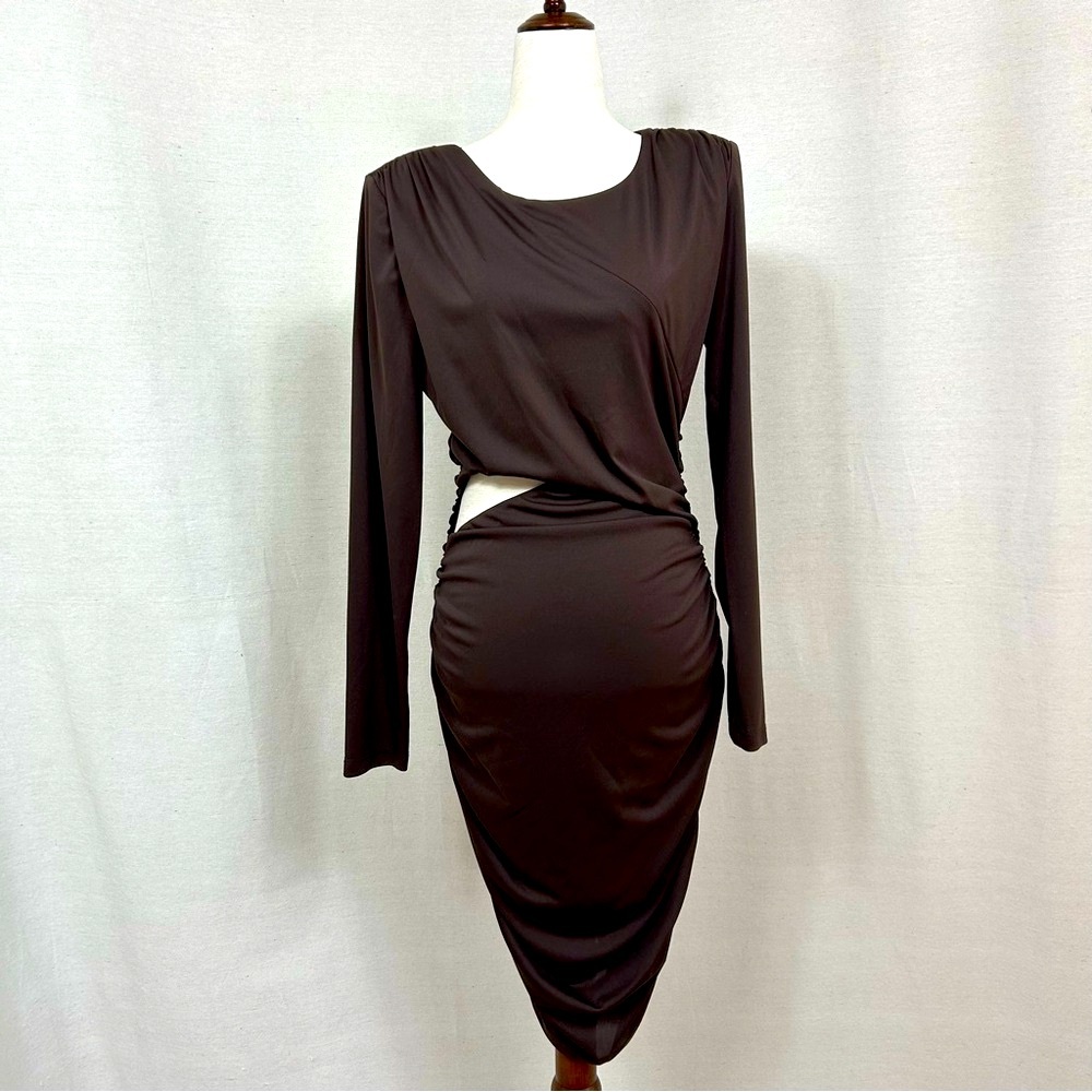 Guess Ruched Cut Out Long Sleeve Brown Dress